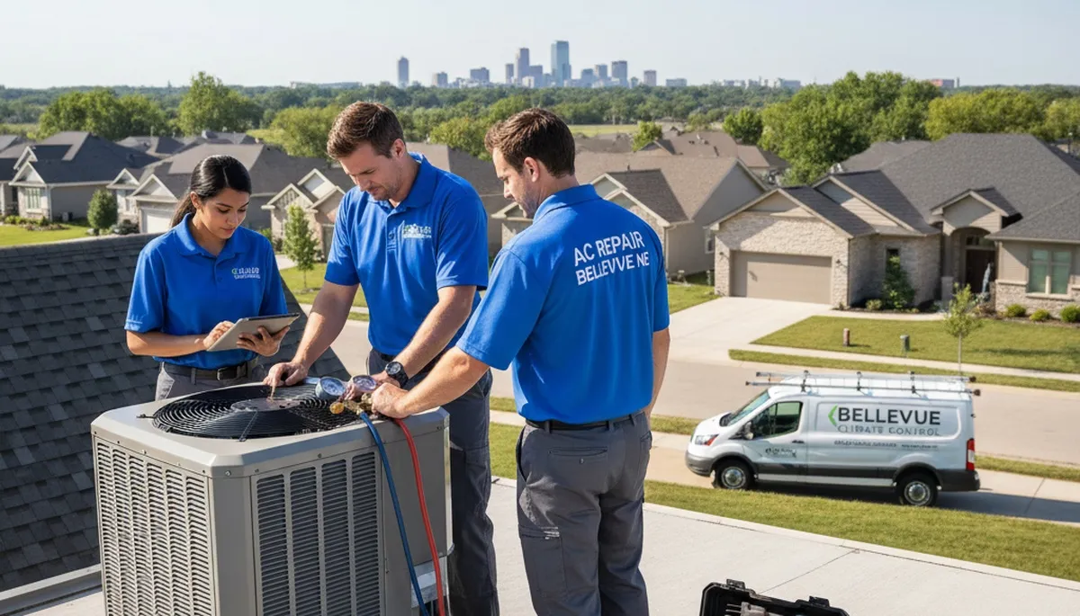 Professional AC repair technician servicing air conditioner unit in Omaha, NE