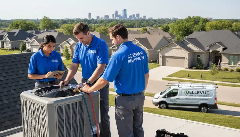 Professional AC repair technician servicing air conditioner unit in Omaha, NE