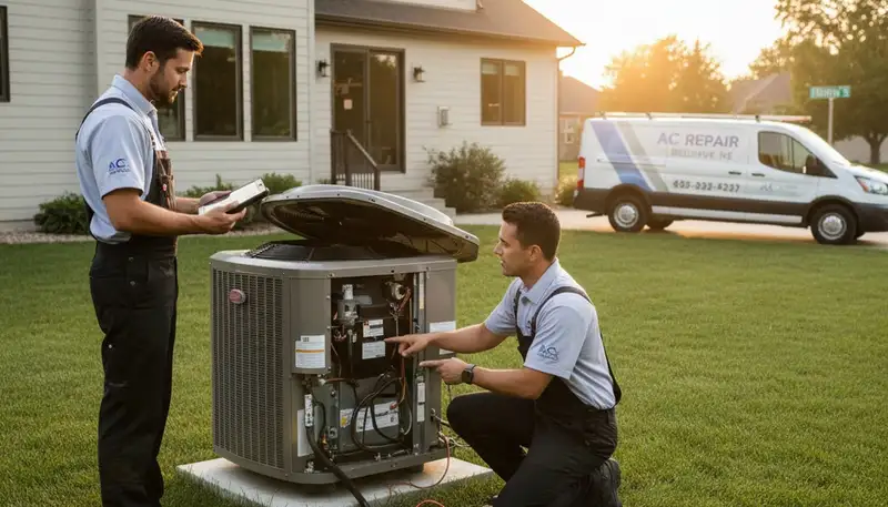 Professional AC repair technician servicing air conditioner in Omaha NE home