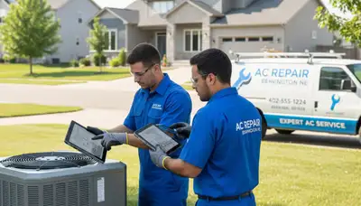 Professional AC repair technician servicing air conditioner unit in Omaha, NE homes