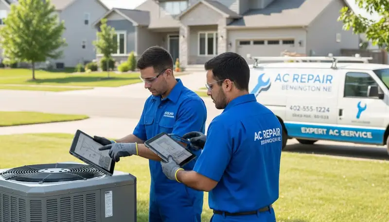 Professional AC repair technician servicing air conditioner unit in Omaha, NE homes
