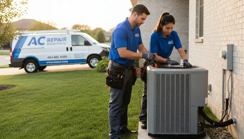 Professional AC repair technician servicing air conditioner unit in Omaha NE home