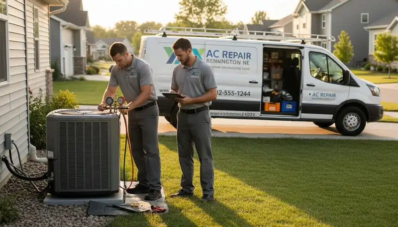 Professional AC repair technician servicing air conditioner unit in Omaha, NE