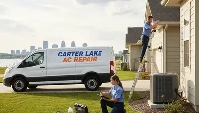 Professional AC repair technician servicing air conditioner unit in Omaha, NE
