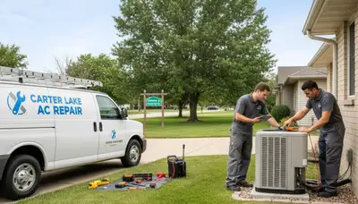 Professional AC repair technician servicing air conditioner unit in Omaha, NE