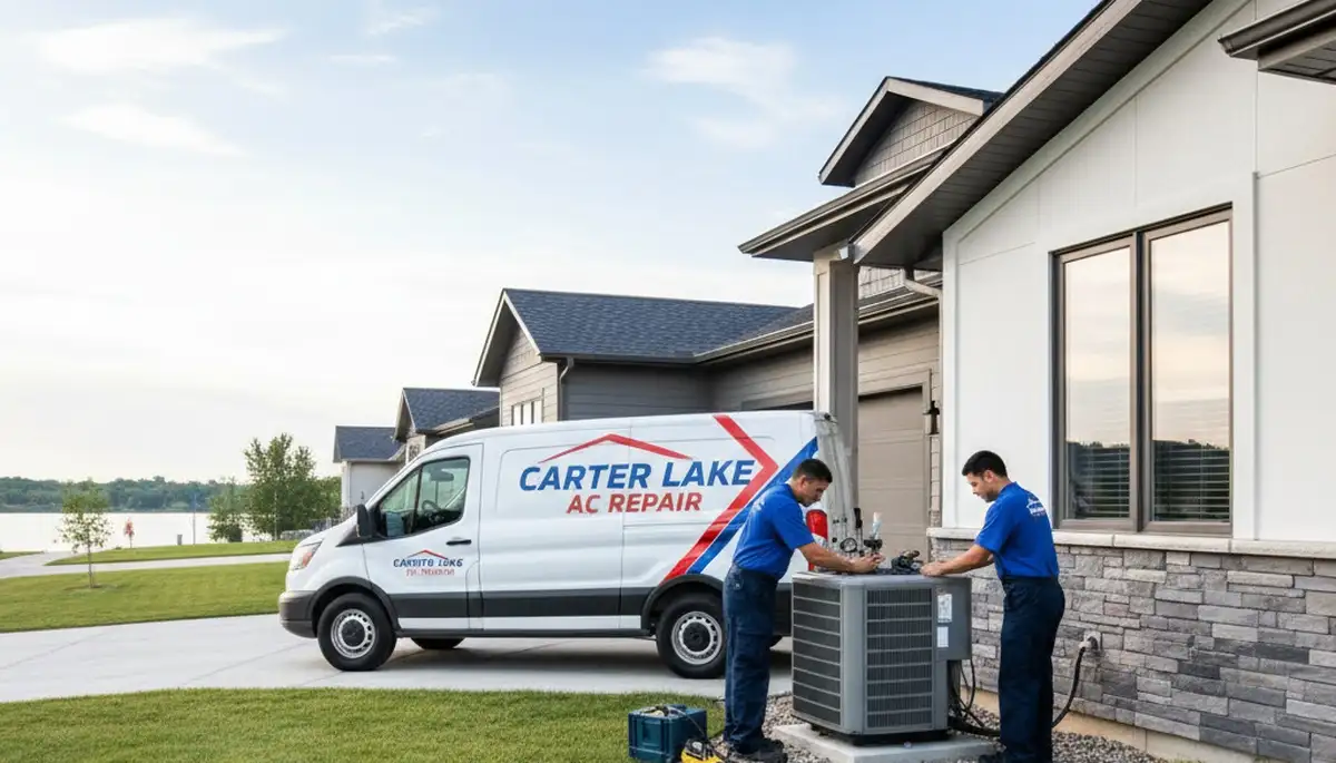 Professional AC repair technician servicing home air conditioner in Omaha, NE