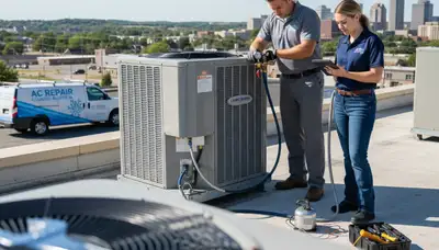Professional AC repair technician servicing air conditioner unit in Omaha, NE