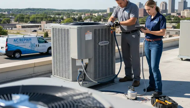 Professional AC repair technician servicing air conditioner unit in Omaha, NE