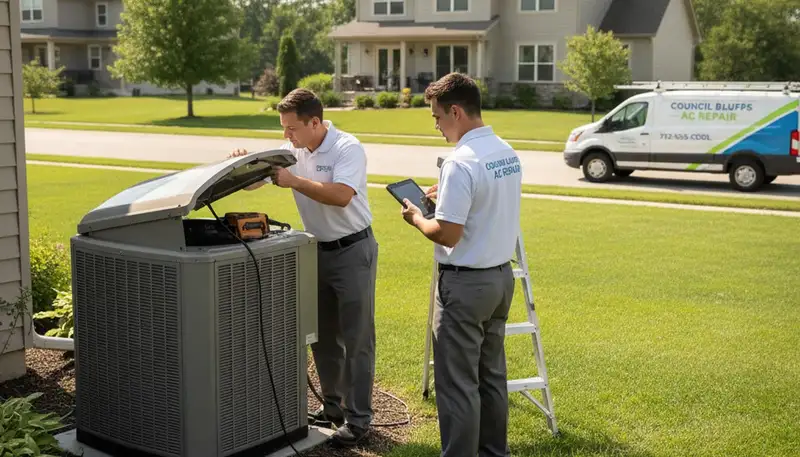 Professional AC repair technician servicing residential air conditioning unit in Omaha NE
