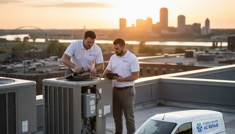 Professional AC repair technician servicing air conditioning unit in Omaha NE home