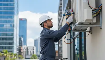 Professional AC repair technician servicing air conditioner unit in Omaha, NE