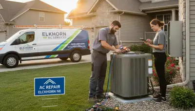 Professional AC repair technician servicing air conditioner unit in Omaha NE home