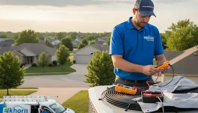 Professional AC repair technician servicing air conditioner unit in Omaha NE home
