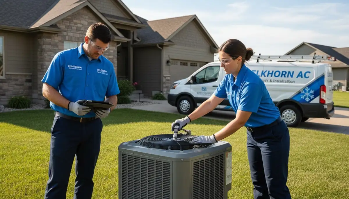 Professional AC repair technician servicing air conditioner unit in Omaha, NE
