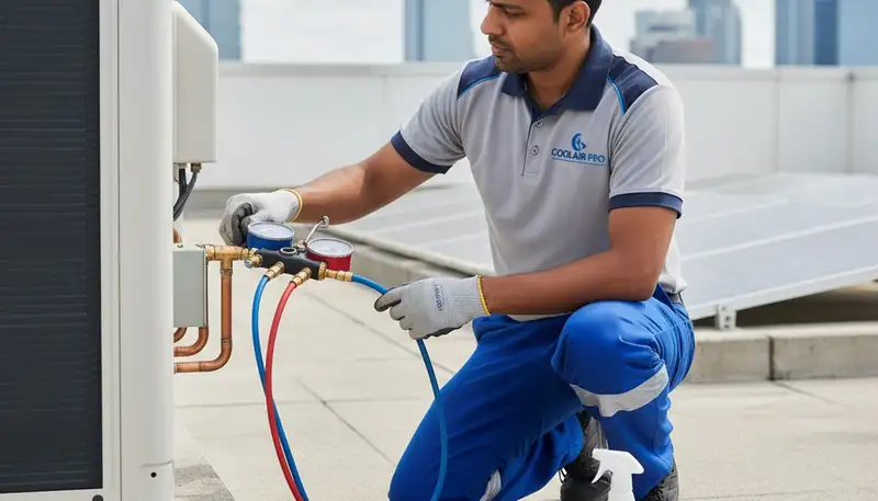 HVAC technician performing professional AC repair service in Omaha, NE for residential cooling system