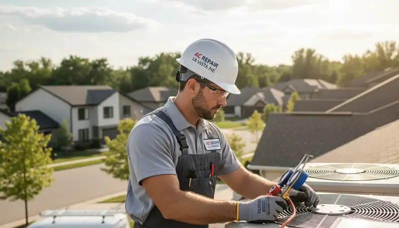 Professional AC repair technician servicing residential air conditioner in Omaha NE