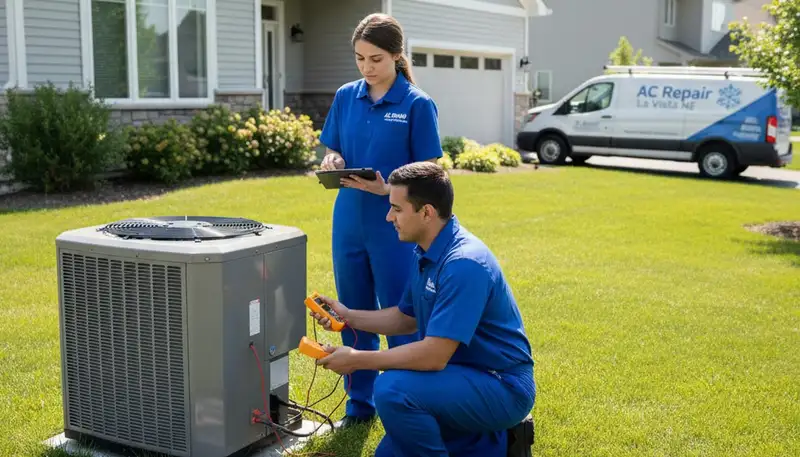 Professional AC repair technician servicing air conditioner unit in Omaha, NE