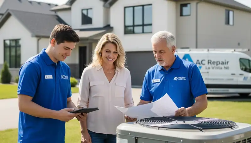 Professional AC repair technician servicing air conditioner unit in Omaha, NE