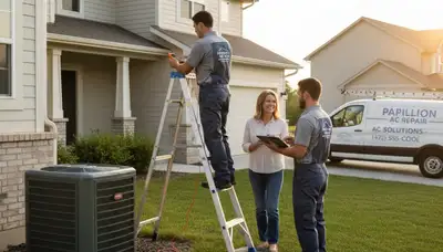 Professional AC repair technician servicing air conditioner unit in Omaha, NE