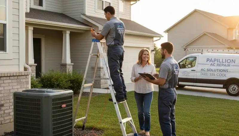 Professional AC repair technician servicing air conditioner unit in Omaha, NE