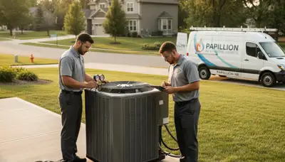 Professional AC repair technician servicing air conditioner in Omaha, NE home