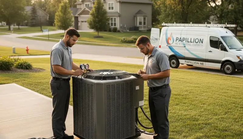 Professional AC repair technician servicing air conditioner in Omaha, NE home