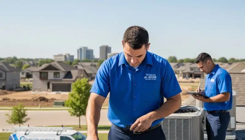 Professional AC repair technician servicing air conditioning unit in Omaha, NE home