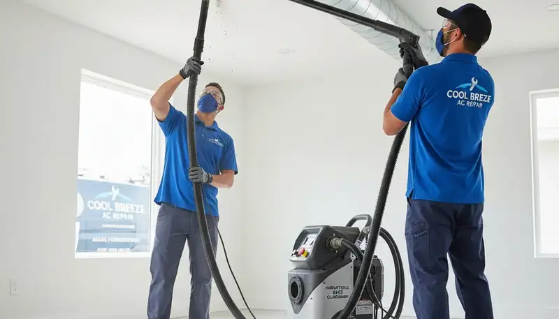 Technician cleaning air ducts for improved airflow and indoor air quality in Omaha, NE