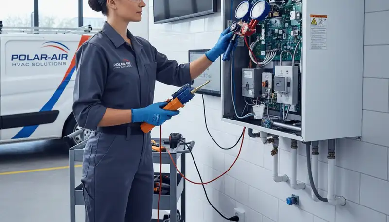 Technician performing boiler repair service in Omaha NE for Five Star Cooling