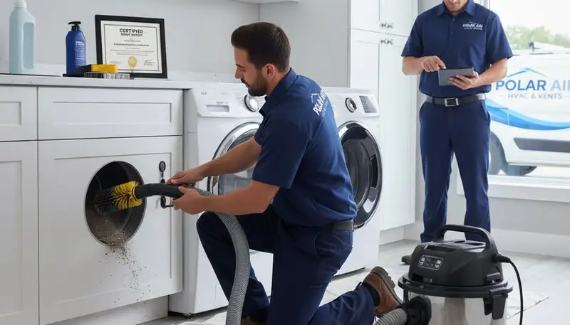 Technician performing dryer vent cleaning service in Omaha, NE for improved airflow and safety