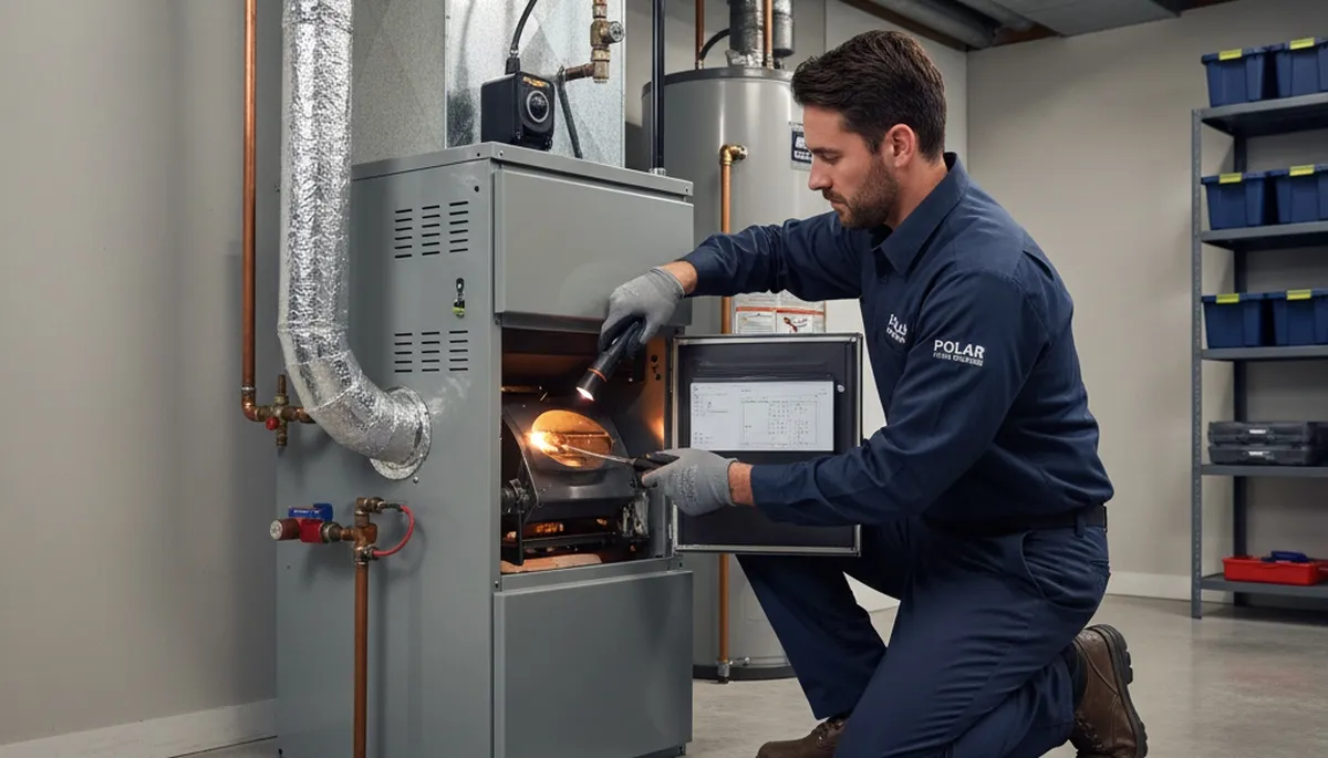 Technician performing furnace repair service in Omaha, NE for Five Star Cooling homeowners
