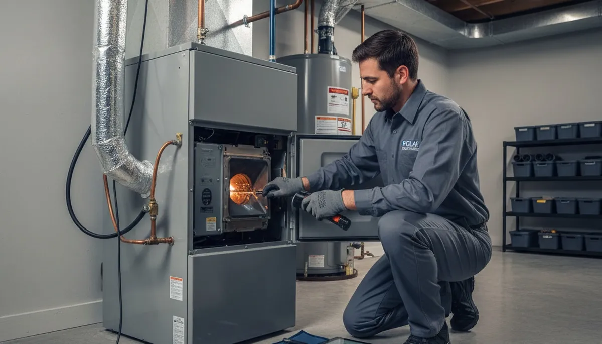Technician performing furnace repair service in Omaha, NE for Five Star Cooling heating system maintenance