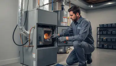 Technician performing furnace repair service in Omaha, NE for Five Star Cooling heating system maintenance