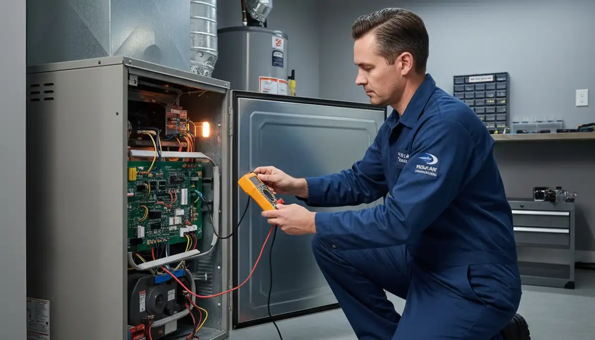Technician repairing home furnace in Omaha NE for Five Star Cooling heating service