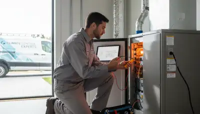 Technician performing heating repair on furnace in Omaha, NE for Five Star Cooling