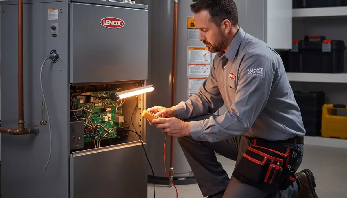 Technician performing heating repair on furnace in Omaha, NE for Five Star Cooling service page