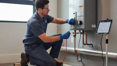 Technician performing water heater repair in Omaha NE for Five Star Cooling homes and businesses