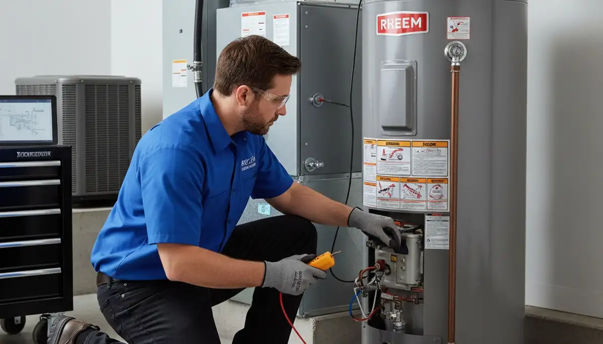 Technician performing water heater repair in Omaha NE home for Five Star Cooling service